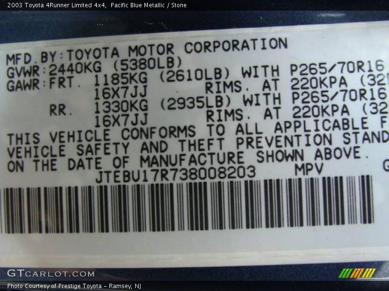 Pacific Blue Metallic / Stone 2003 Toyota 4Runner Limited 4x4