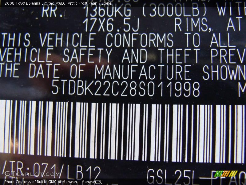 Arctic Frost Pearl / Stone 2008 Toyota Sienna Limited AWD
