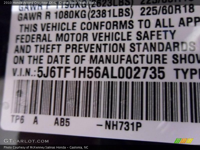 Crystal Black Pearl / Black 2010 Honda Accord Crosstour EX-L
