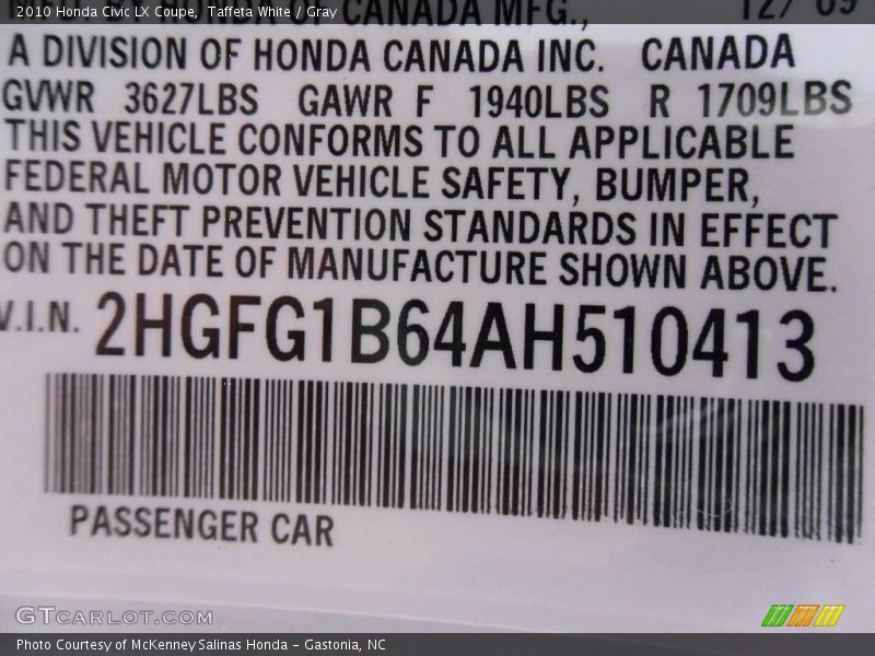 Taffeta White / Gray 2010 Honda Civic LX Coupe