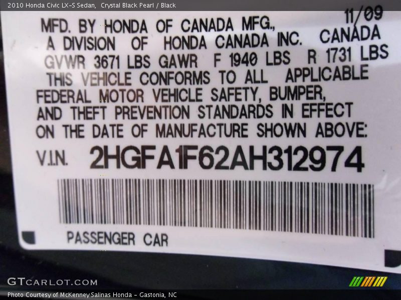 Crystal Black Pearl / Black 2010 Honda Civic LX-S Sedan