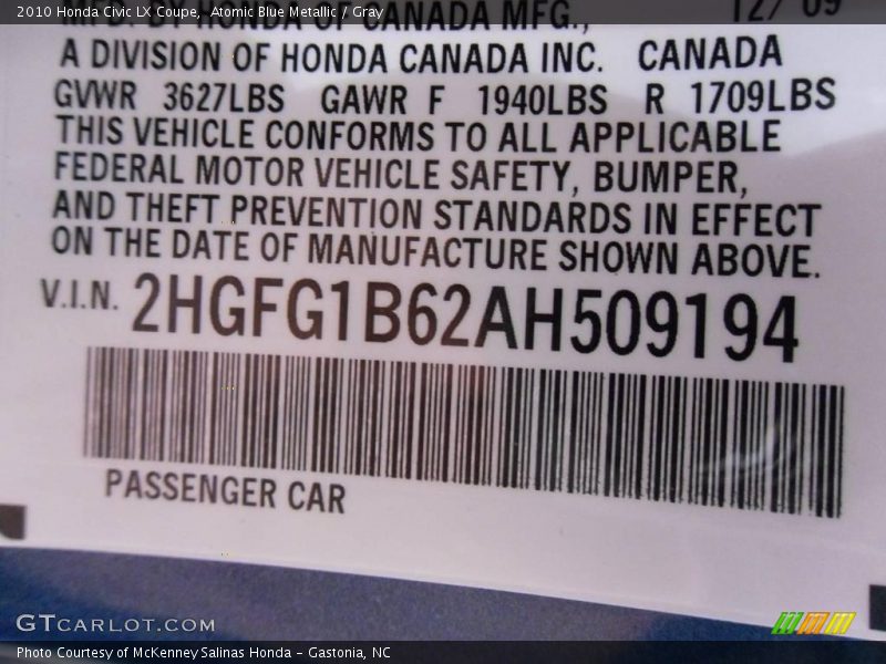 Atomic Blue Metallic / Gray 2010 Honda Civic LX Coupe
