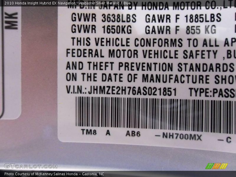 Alabaster Silver Metallic / Blue 2010 Honda Insight Hybrid EX Navigation