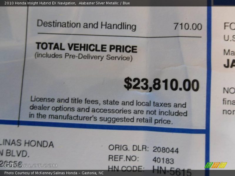 Alabaster Silver Metallic / Blue 2010 Honda Insight Hybrid EX Navigation