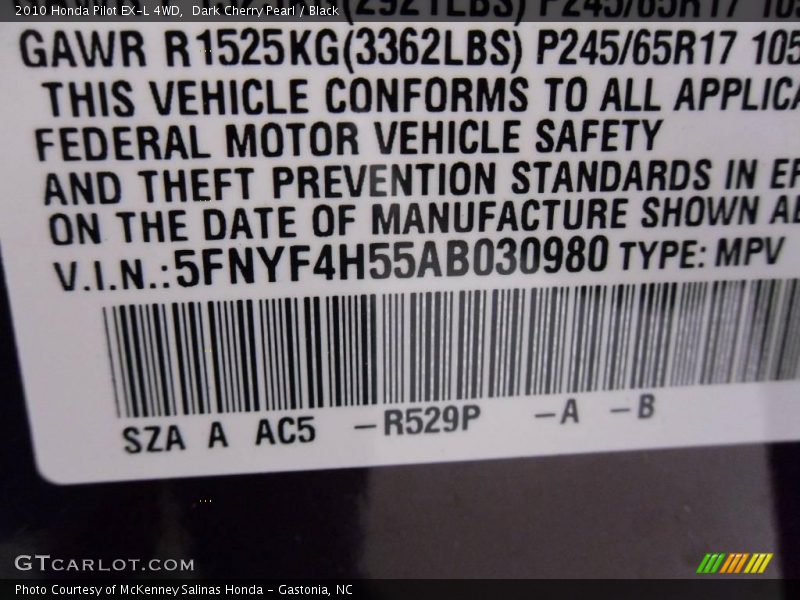 Dark Cherry Pearl / Black 2010 Honda Pilot EX-L 4WD