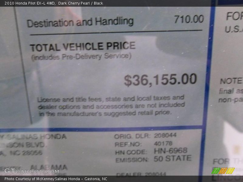 Dark Cherry Pearl / Black 2010 Honda Pilot EX-L 4WD