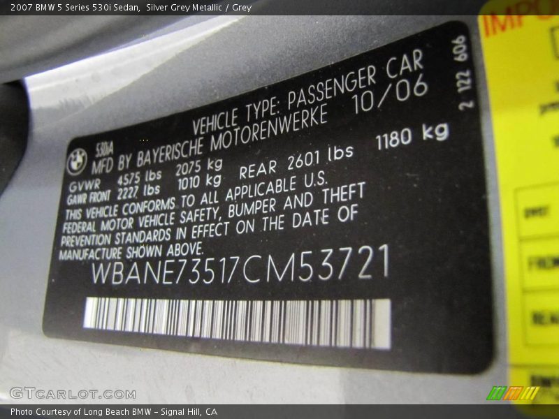 Silver Grey Metallic / Grey 2007 BMW 5 Series 530i Sedan