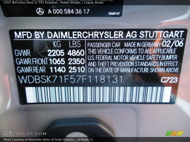 Pewter Metallic / Cognac Brown 2007 Mercedes-Benz SL 550 Roadster