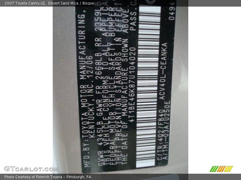 Desert Sand Mica / Bisque 2007 Toyota Camry LE