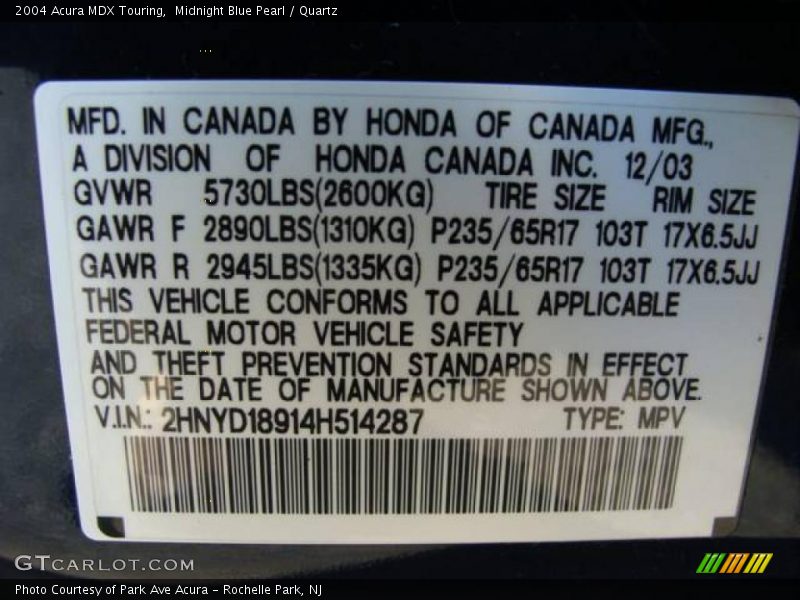 Midnight Blue Pearl / Quartz 2004 Acura MDX Touring