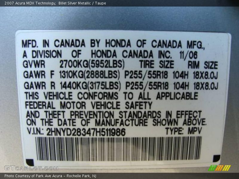 Billet Silver Metallic / Taupe 2007 Acura MDX Technology