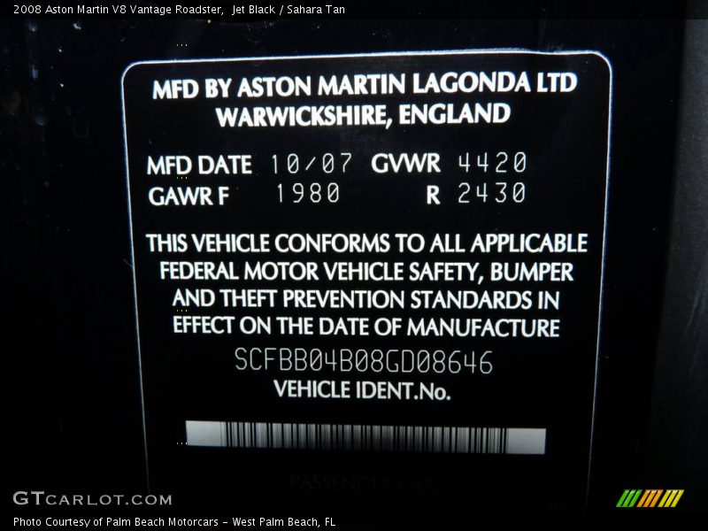 Jet Black / Sahara Tan 2008 Aston Martin V8 Vantage Roadster
