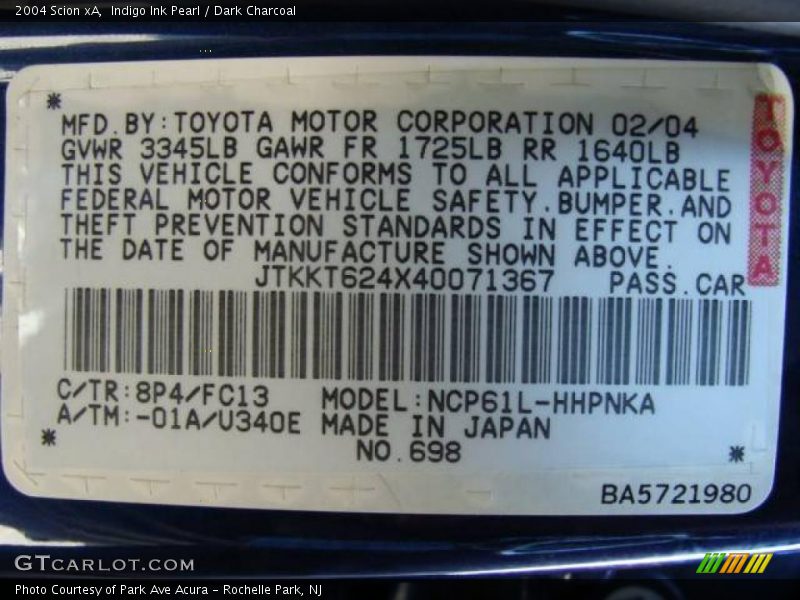 Indigo Ink Pearl / Dark Charcoal 2004 Scion xA