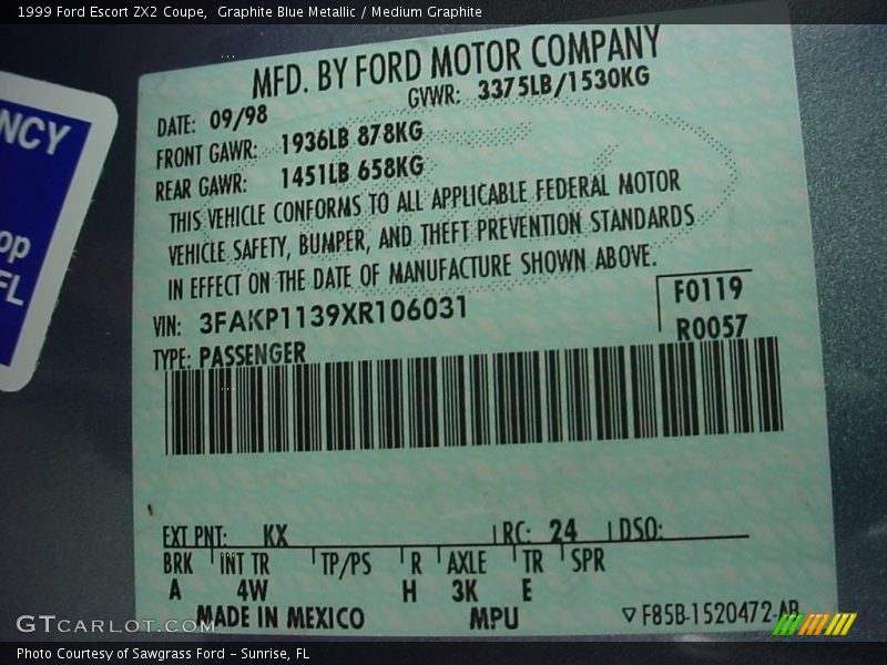 Graphite Blue Metallic / Medium Graphite 1999 Ford Escort ZX2 Coupe