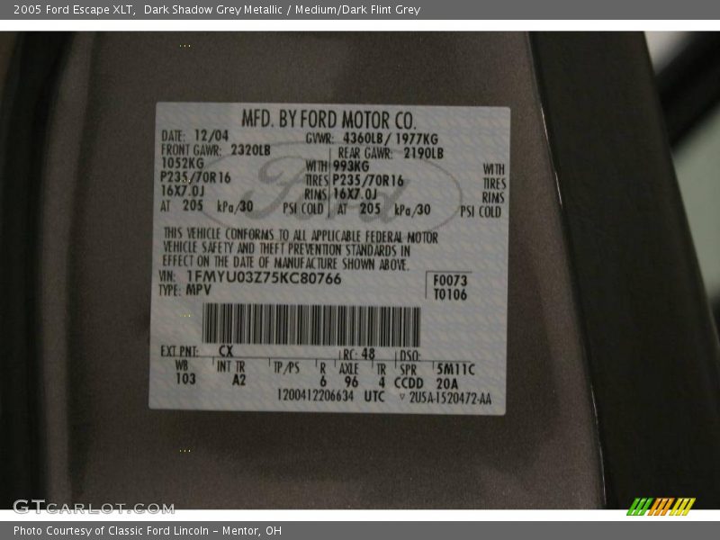 Dark Shadow Grey Metallic / Medium/Dark Flint Grey 2005 Ford Escape XLT