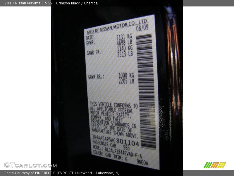 Crimson Black / Charcoal 2010 Nissan Maxima 3.5 SV