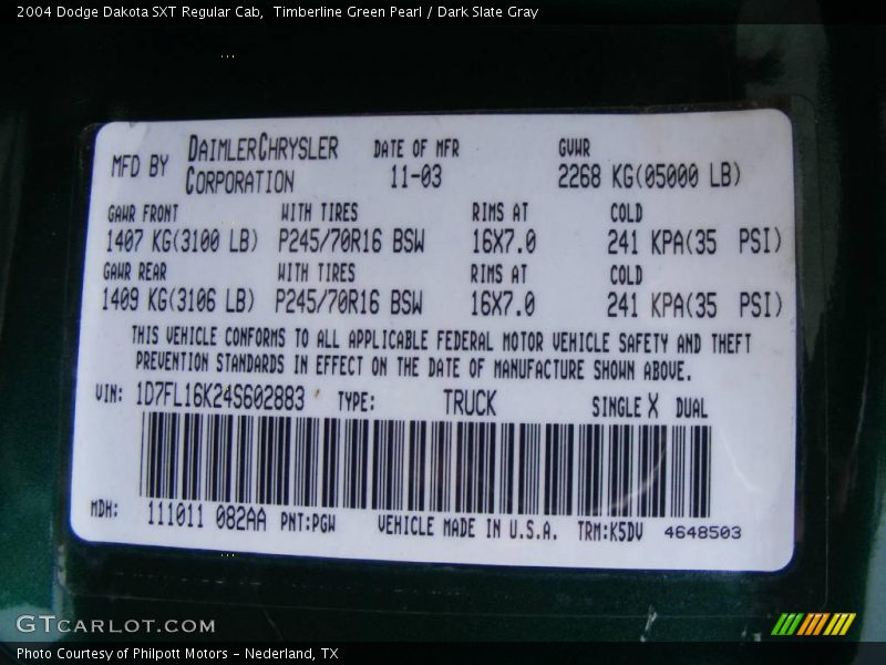 Timberline Green Pearl / Dark Slate Gray 2004 Dodge Dakota SXT Regular Cab