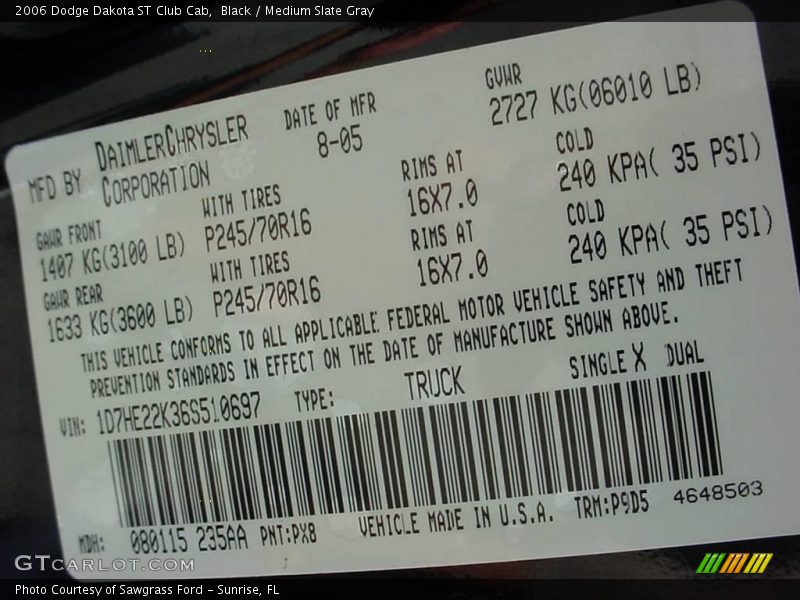2006 Dakota ST Club Cab Black Color Code PX8
