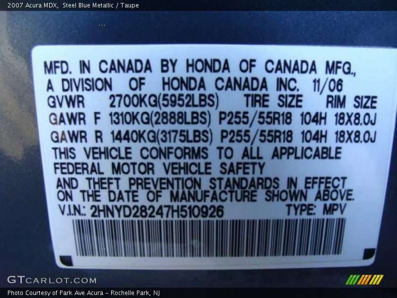 Steel Blue Metallic / Taupe 2007 Acura MDX
