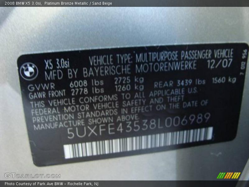 Platinum Bronze Metallic / Sand Beige 2008 BMW X5 3.0si