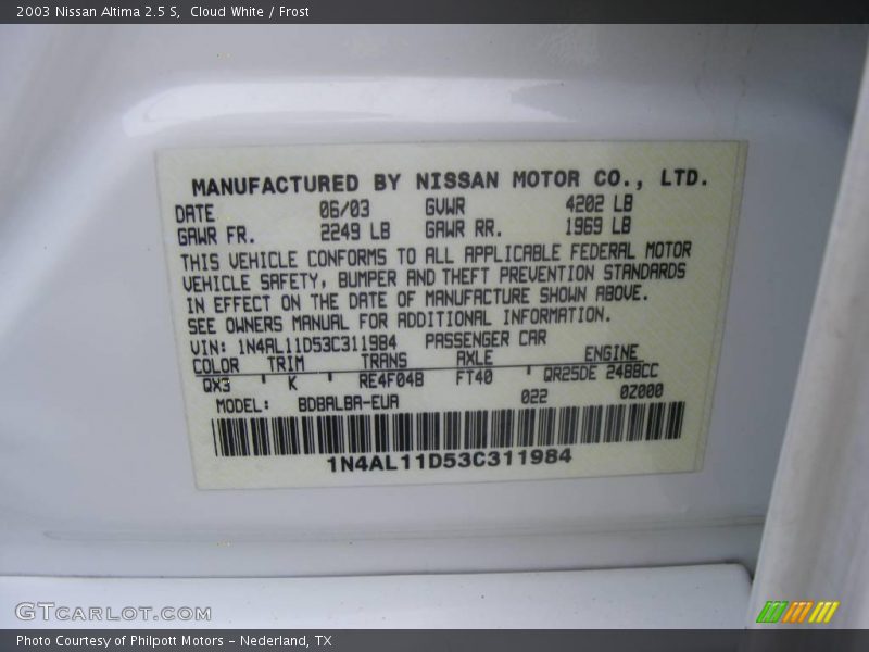 Cloud White / Frost 2003 Nissan Altima 2.5 S