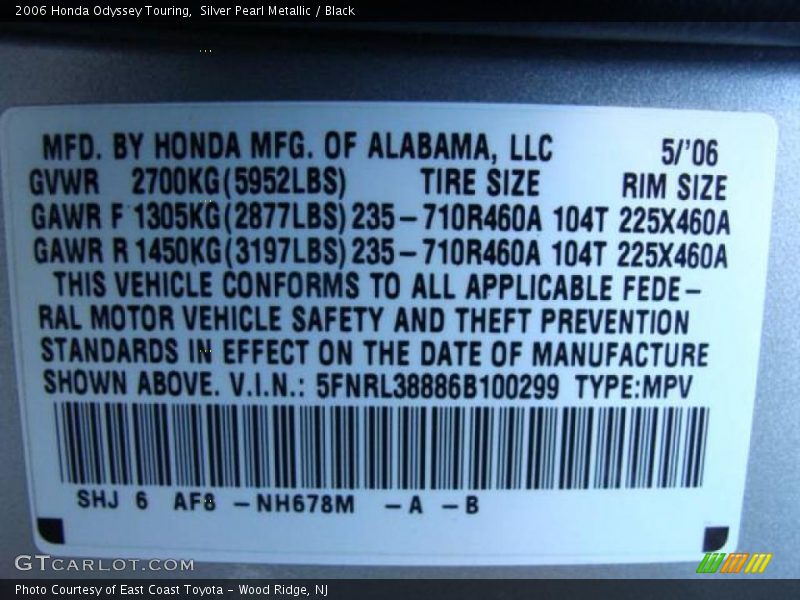 Silver Pearl Metallic / Black 2006 Honda Odyssey Touring