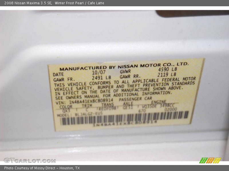 Winter Frost Pearl / Cafe Latte 2008 Nissan Maxima 3.5 SE