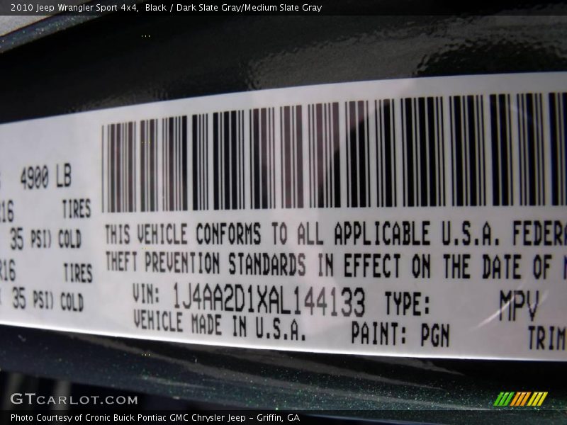 Black / Dark Slate Gray/Medium Slate Gray 2010 Jeep Wrangler Sport 4x4