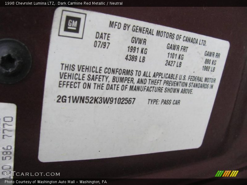 Dark Carmine Red Metallic / Neutral 1998 Chevrolet Lumina LTZ
