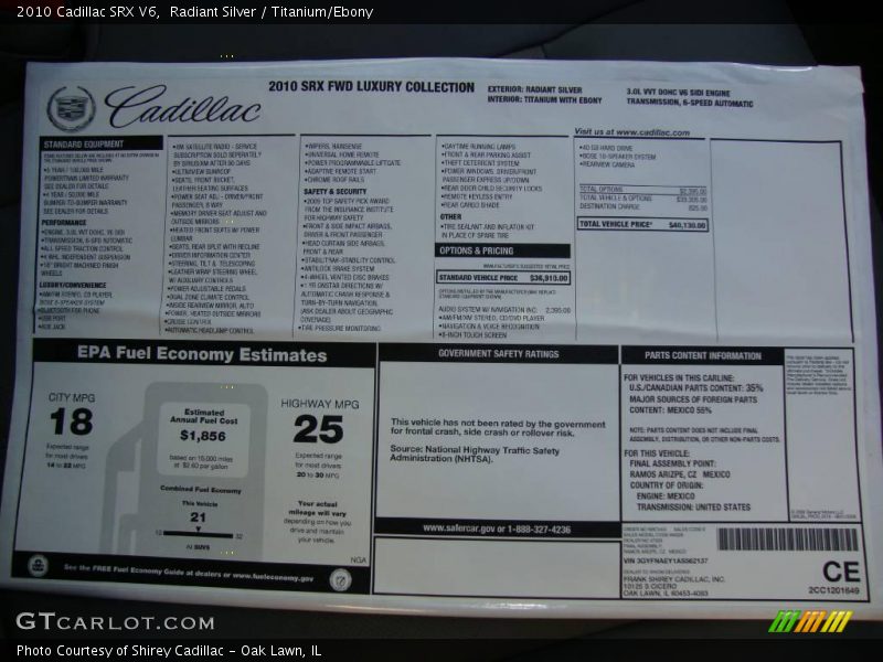 Radiant Silver / Titanium/Ebony 2010 Cadillac SRX V6