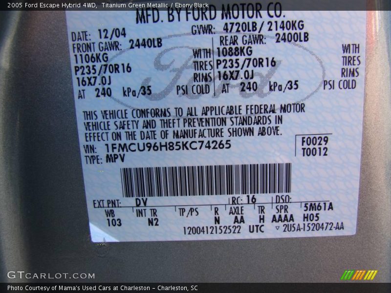 Titanium Green Metallic / Ebony Black 2005 Ford Escape Hybrid 4WD
