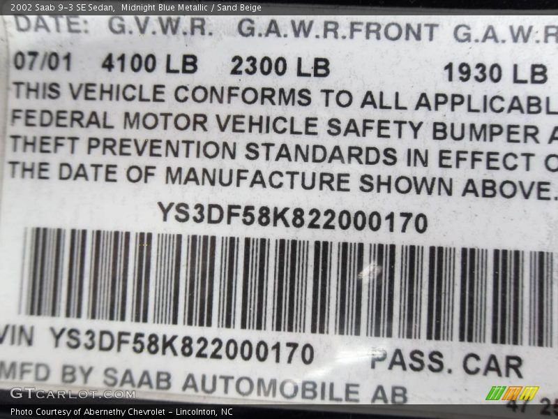 Midnight Blue Metallic / Sand Beige 2002 Saab 9-3 SE Sedan