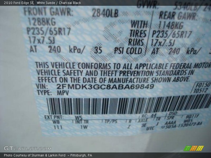 White Suede / Charcoal Black 2010 Ford Edge SE