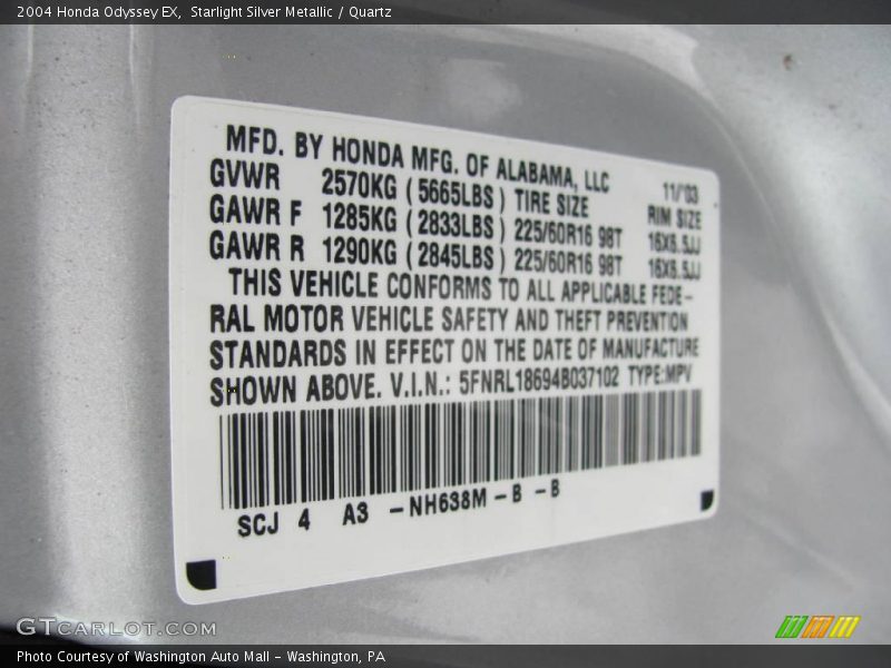 Starlight Silver Metallic / Quartz 2004 Honda Odyssey EX