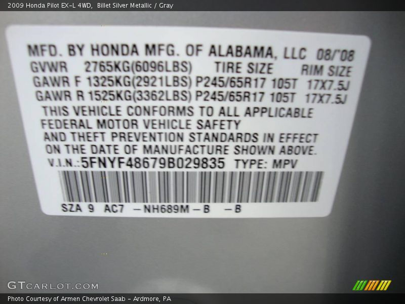 Billet Silver Metallic / Gray 2009 Honda Pilot EX-L 4WD