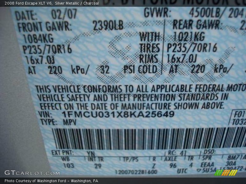 Silver Metallic / Charcoal 2008 Ford Escape XLT V6