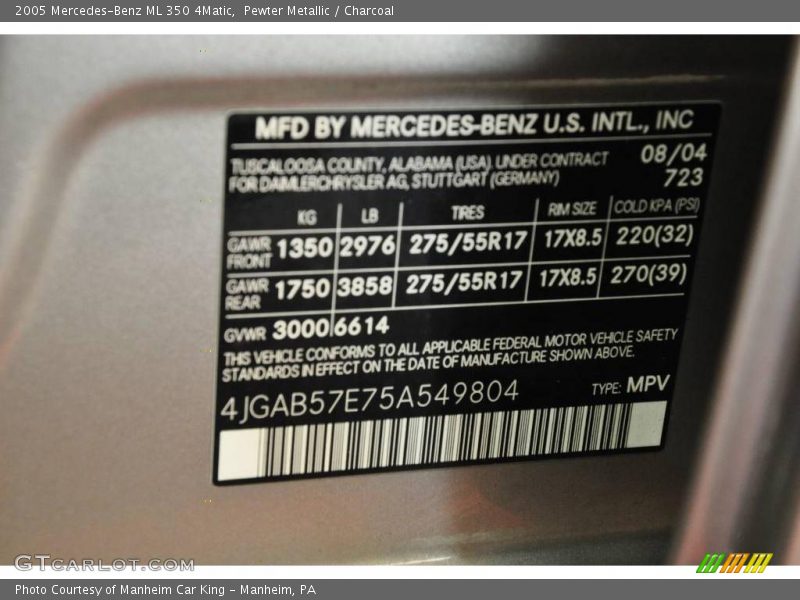 Pewter Metallic / Charcoal 2005 Mercedes-Benz ML 350 4Matic