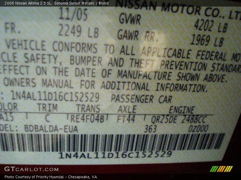 Sonoma Sunset Metallic / Blond 2006 Nissan Altima 2.5 SL
