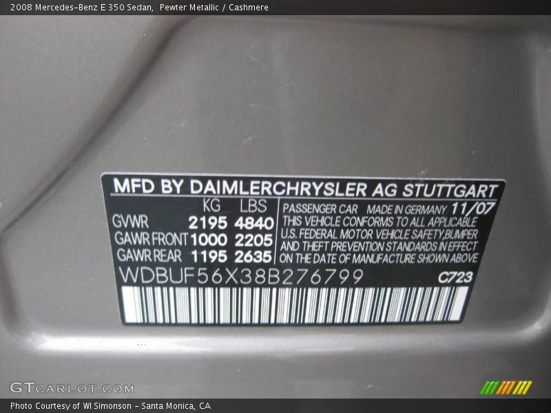 2008 E 350 Sedan Pewter Metallic Color Code 723