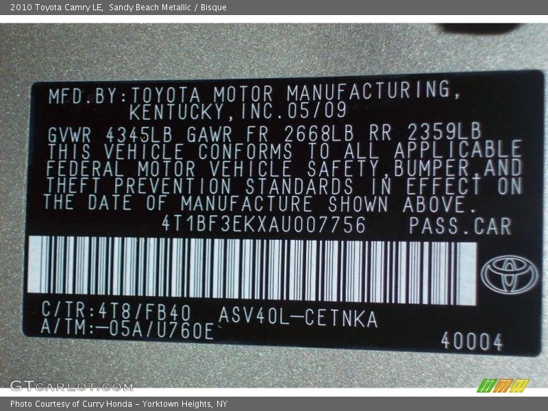 2010 Camry LE Sandy Beach Metallic Color Code 4T8