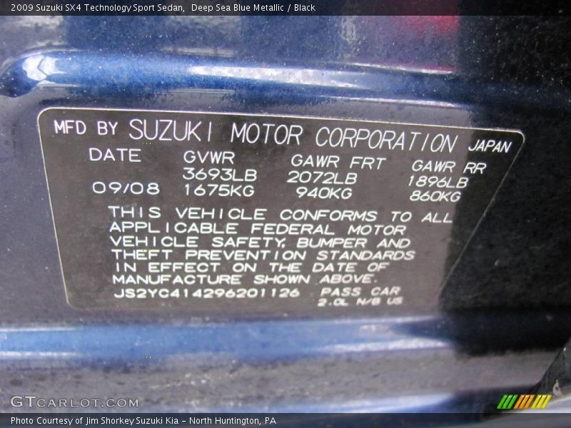 Deep Sea Blue Metallic / Black 2009 Suzuki SX4 Technology Sport Sedan