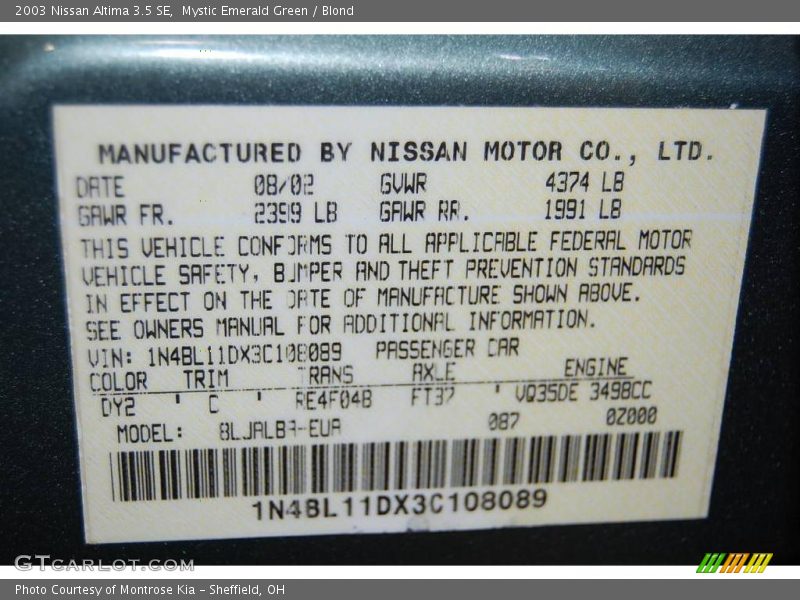 Mystic Emerald Green / Blond 2003 Nissan Altima 3.5 SE