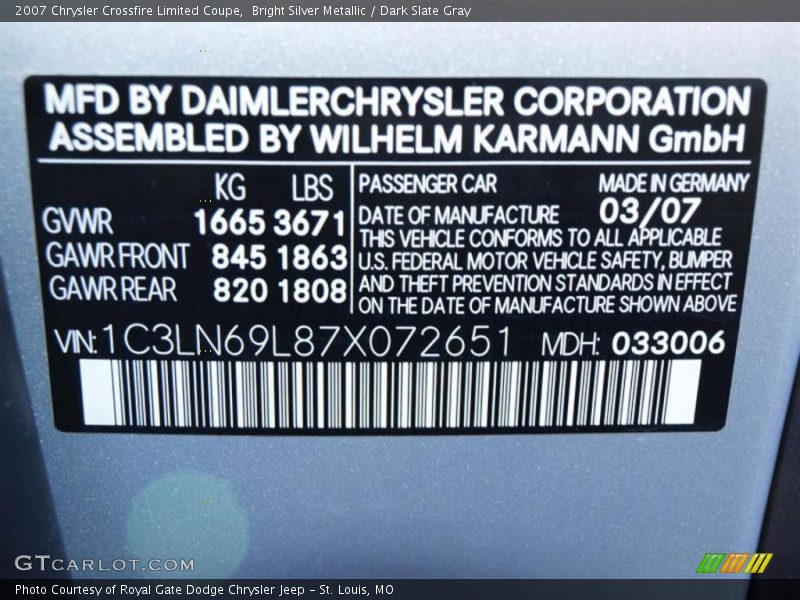 Bright Silver Metallic / Dark Slate Gray 2007 Chrysler Crossfire Limited Coupe