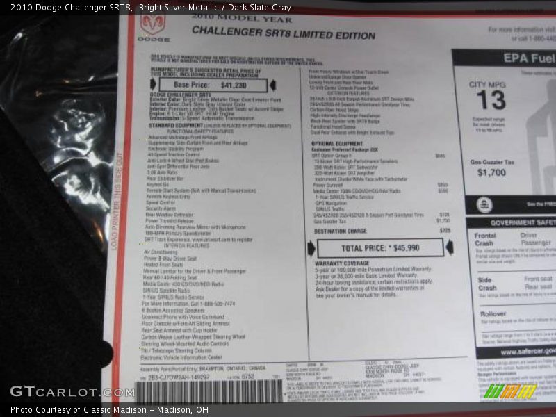 Bright Silver Metallic / Dark Slate Gray 2010 Dodge Challenger SRT8