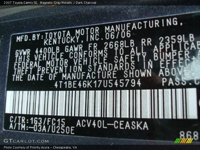 Magnetic Gray Metallic / Dark Charcoal 2007 Toyota Camry SE