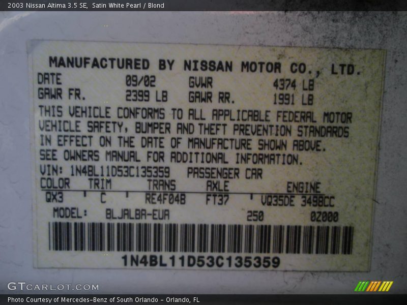 Satin White Pearl / Blond 2003 Nissan Altima 3.5 SE