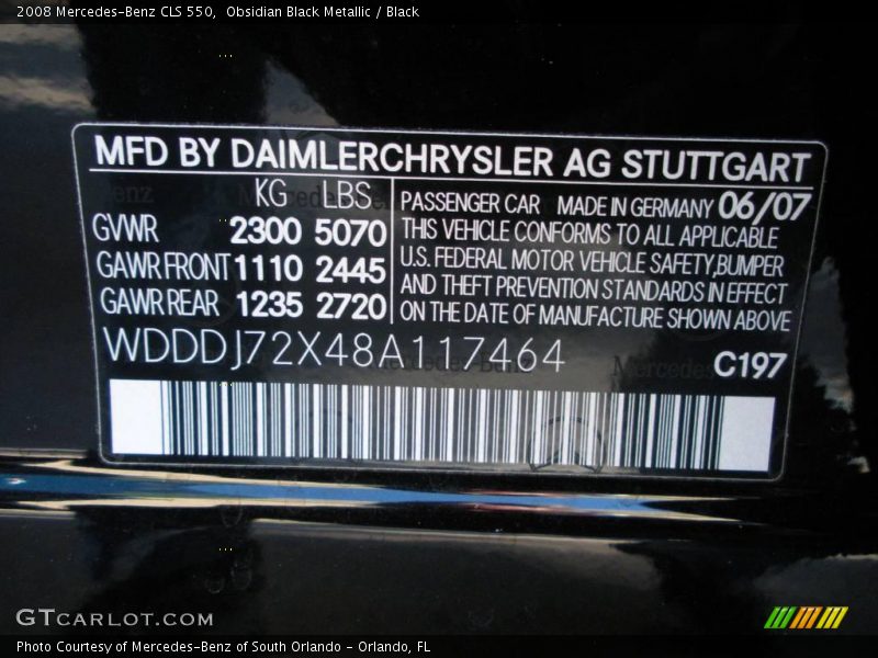 2008 CLS 550 Obsidian Black Metallic Color Code 197