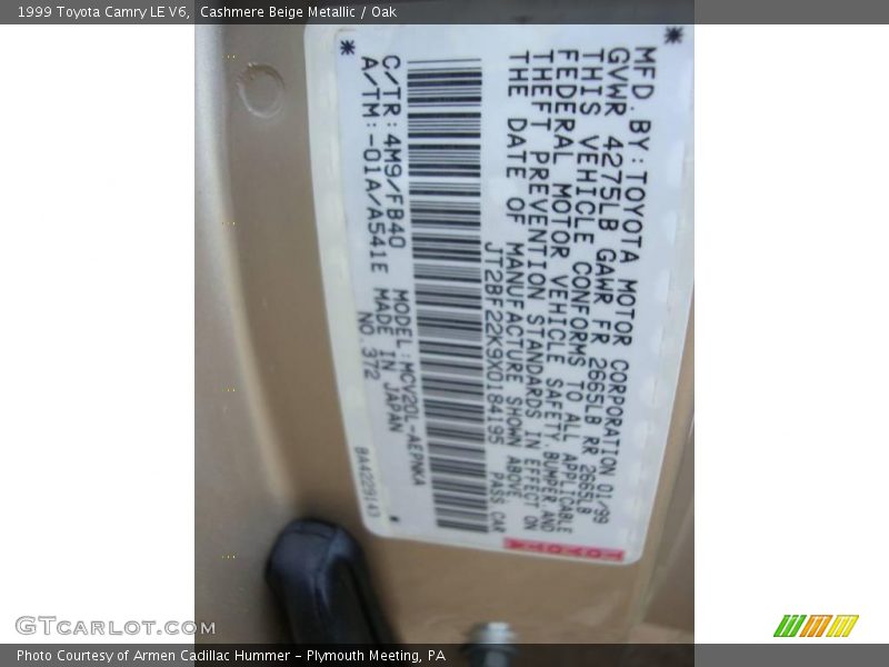 Cashmere Beige Metallic / Oak 1999 Toyota Camry LE V6