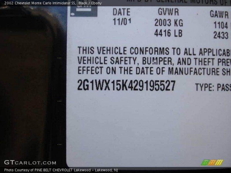 Black / Ebony 2002 Chevrolet Monte Carlo Intimidator SS