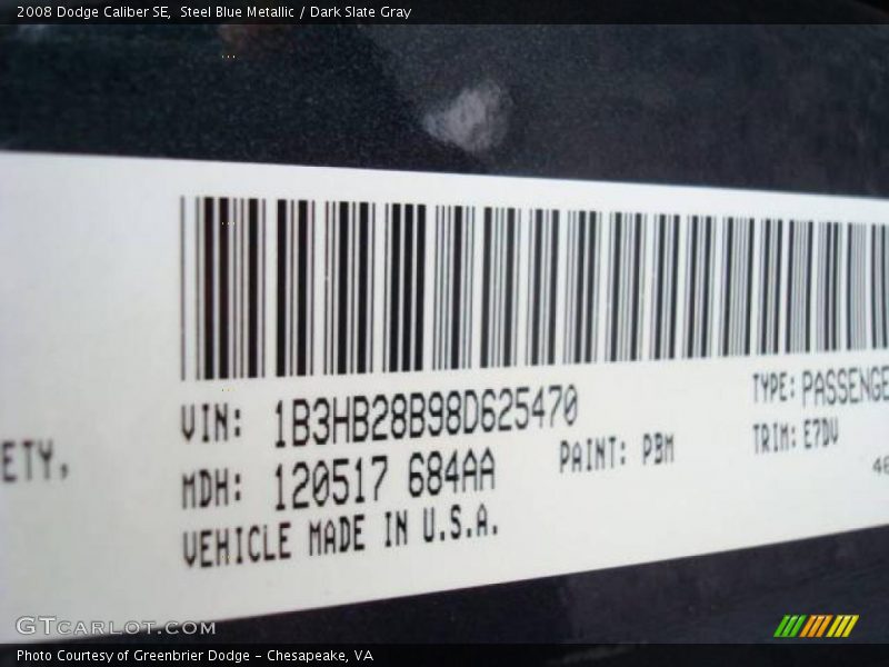 Steel Blue Metallic / Dark Slate Gray 2008 Dodge Caliber SE
